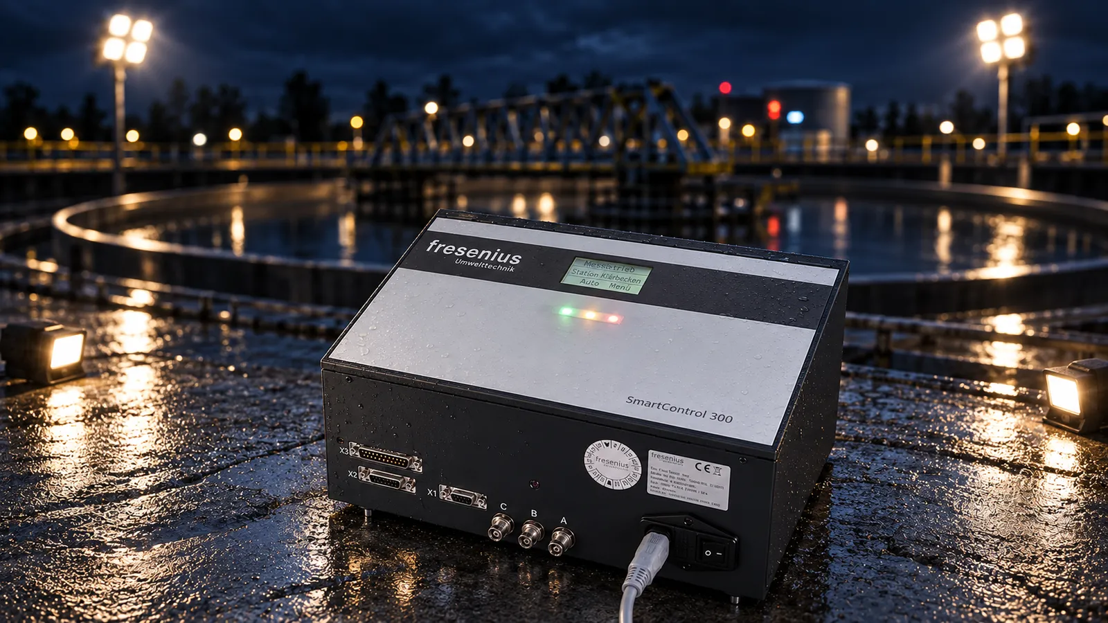 Smart Control 300 des Off-Gas Systems Smart am Belebungsbecken einer Kläranlage bei Nacht