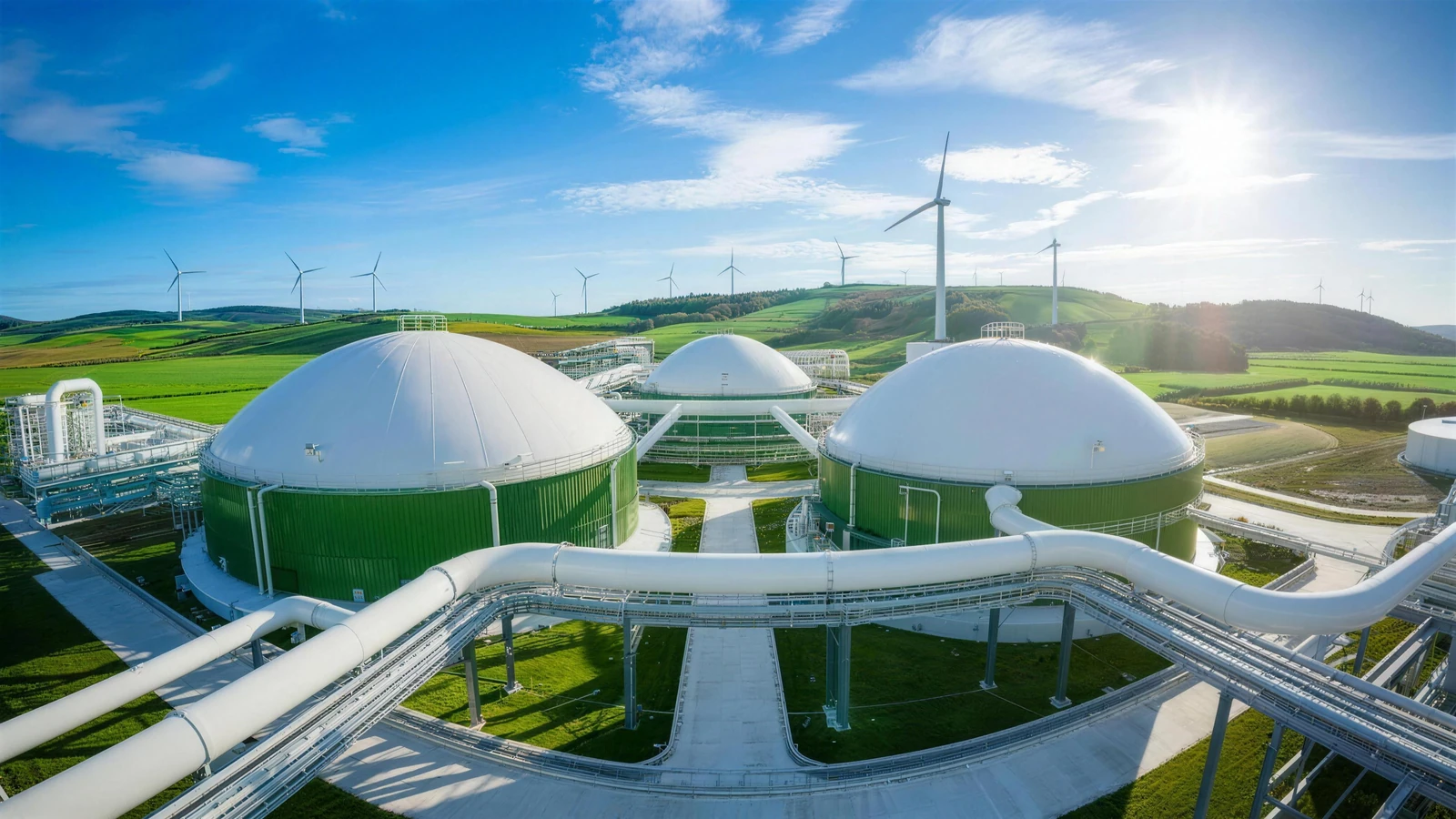 Biogas plant with digesters, gas holder roofs and gas pipes