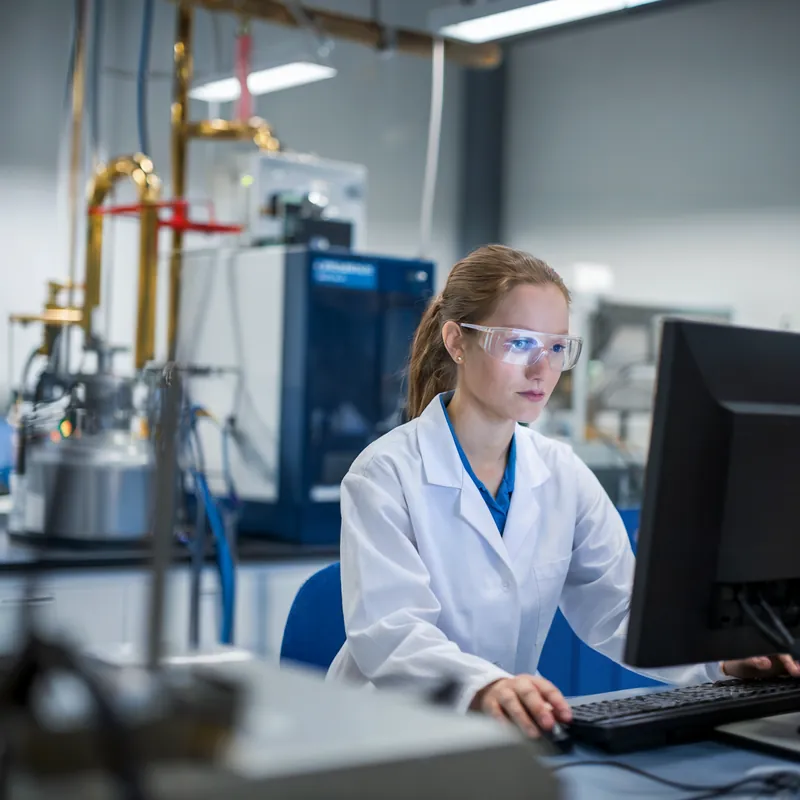 Laborantin arbeitet an einer Gasanalyseanlage
