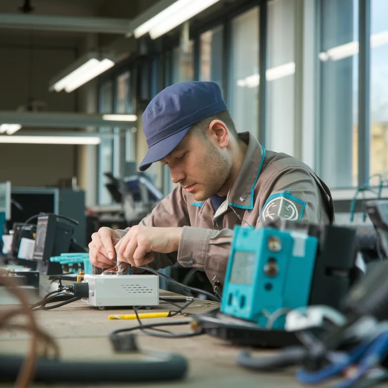 Techniker kalibriert eine Komponente eines Gasanalysators in der Werkstatt