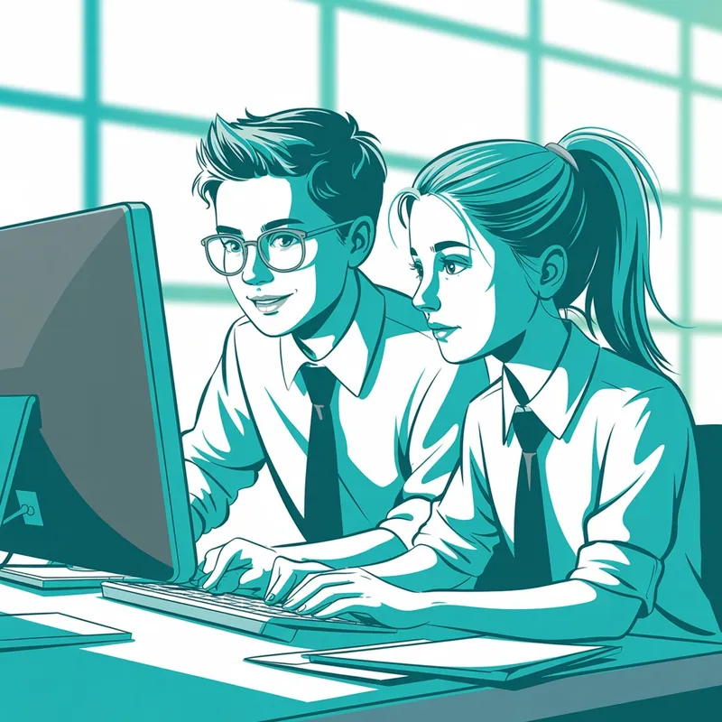 Gezeichnet: zwei Auszubildende im Büro am Computer