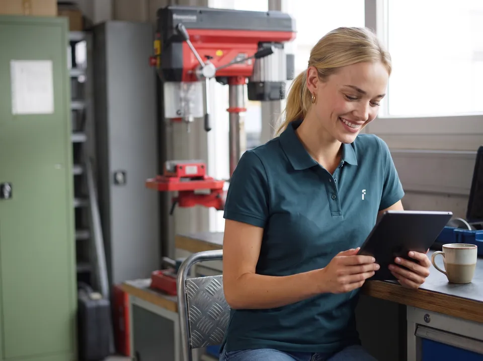 Tory liest am Tablet eine Bewerbung in der Werkstatt