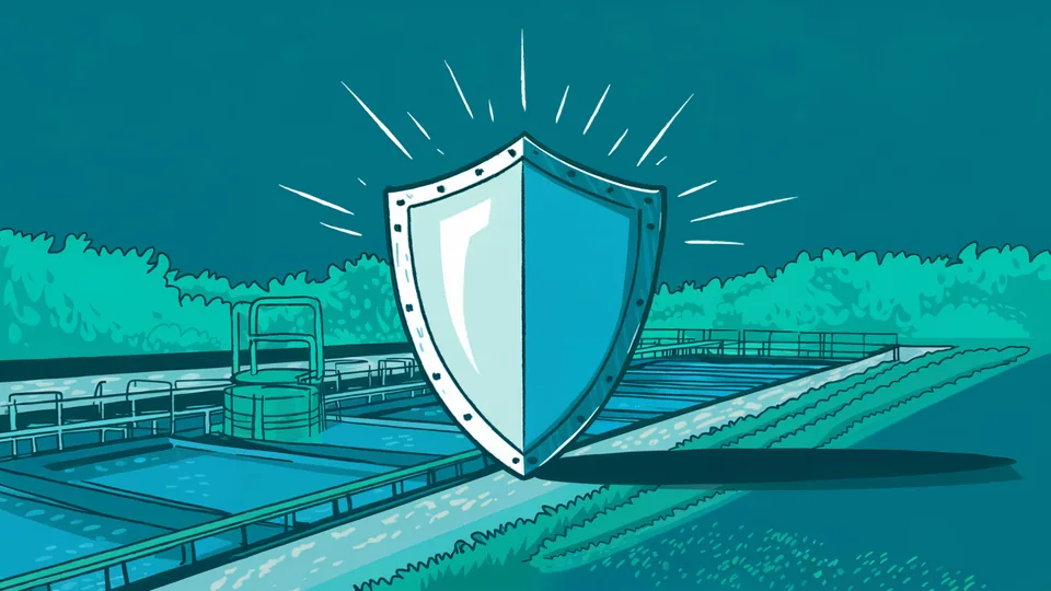 Drawn shield in front of the tanks of a wastewater treatment plant