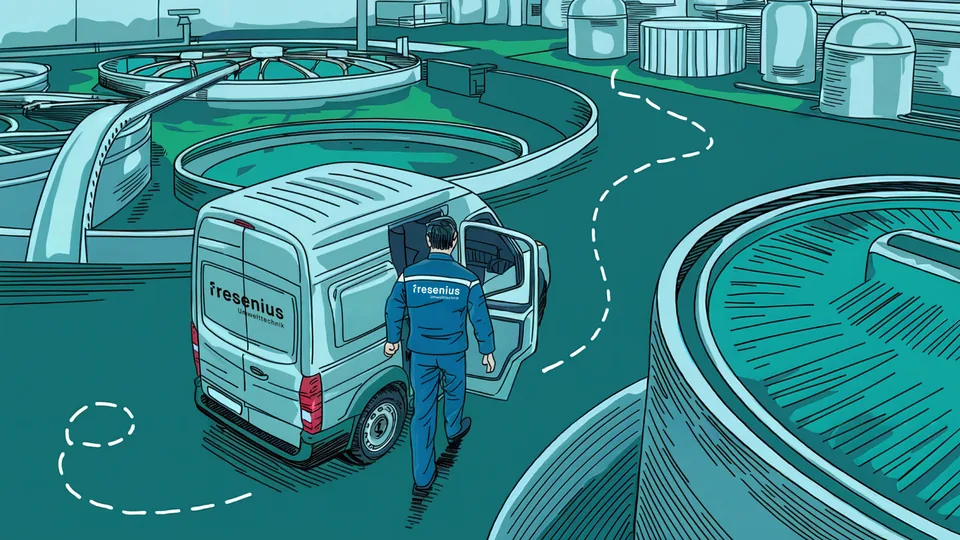 Drawn Fresenius Instruments service technician at a service van on a wastewater treatment plant