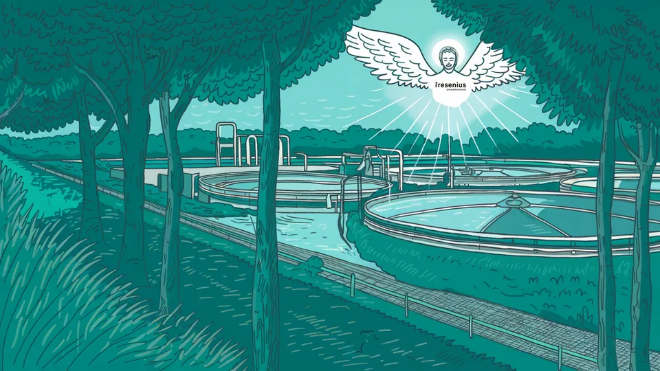 Drawn guardian angel with the Fresenius Instruments logo above a wastewater treatment plant