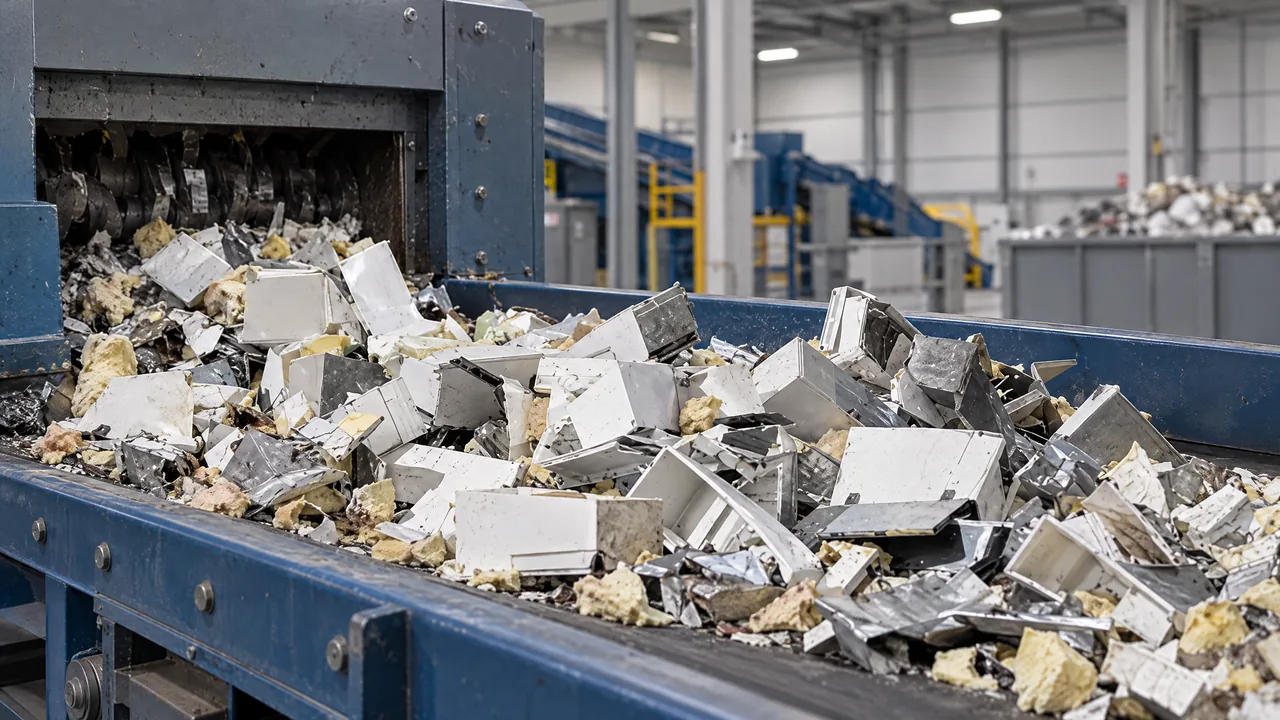 Shredded refrigerator material with housing parts and insulation foam on the conveyor behind the shredder
