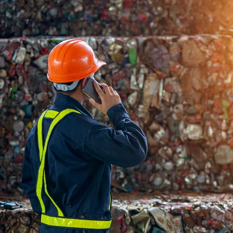 Worker in a hard hat in front of pressed bales of recyclables at a recycling yard