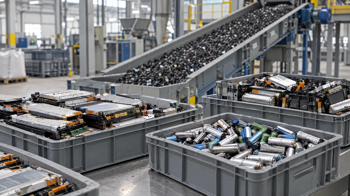 Dismantled battery modules and cells in crates, a conveyor with shredded material behind