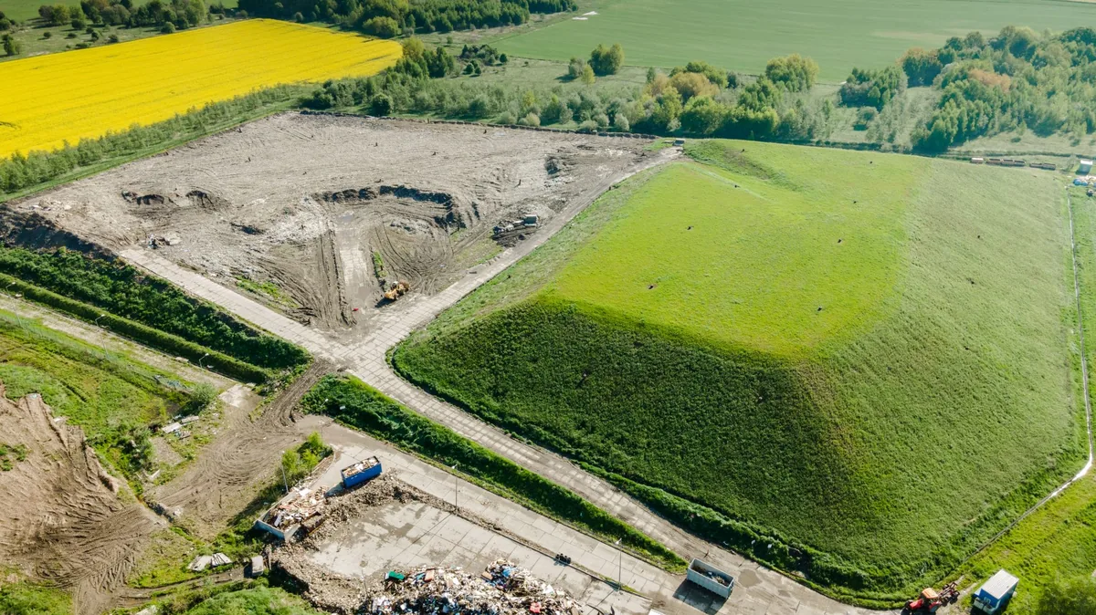 Aerial view of a landscaped landfill
