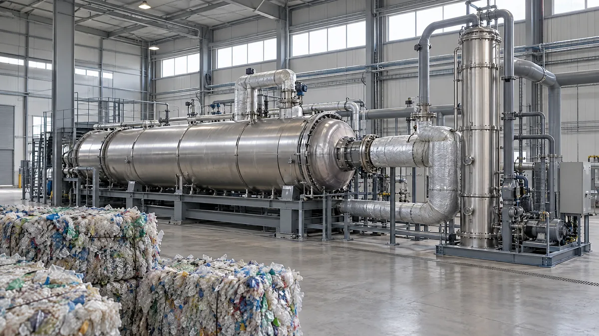 Pyrolysis plant with reactor and condensing column, bales of plastic waste in front