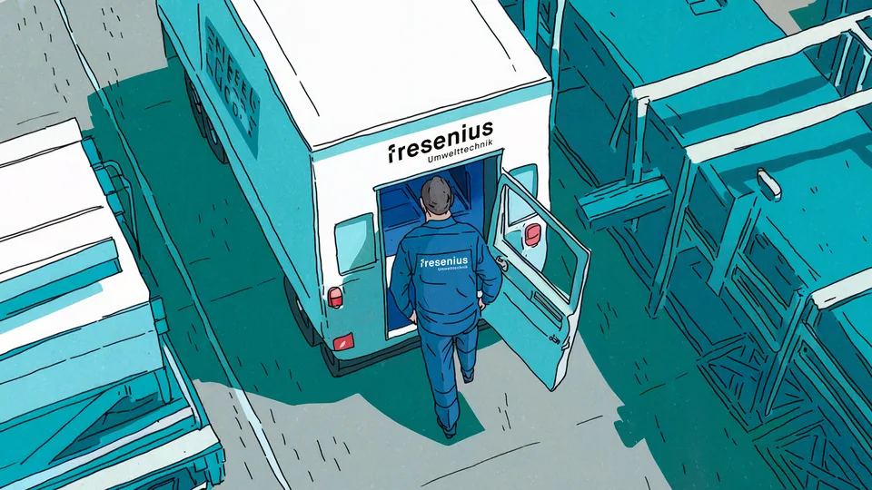Drawn service technician at a Fresenius Instruments service van