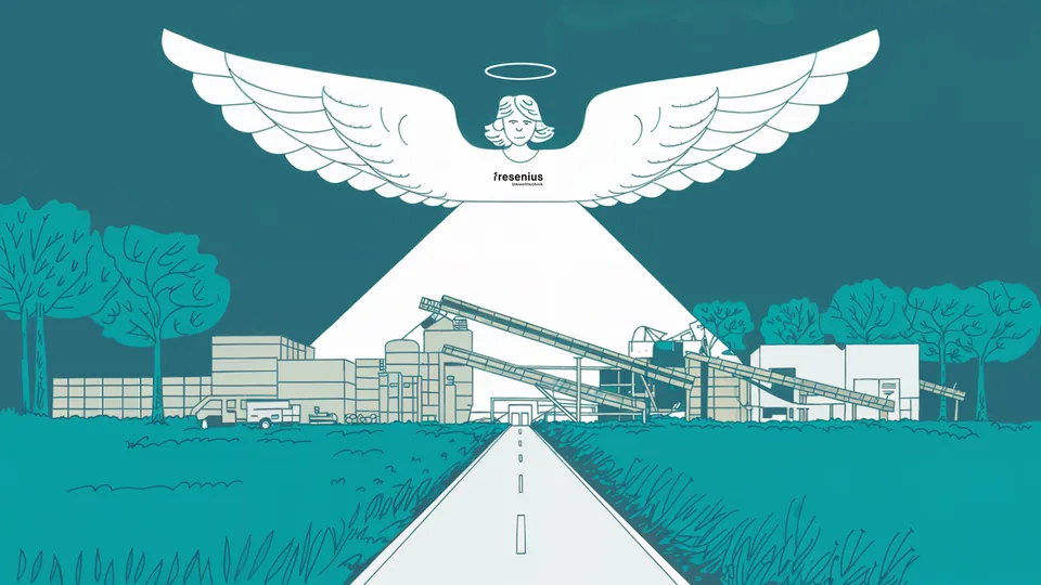 Drawn angel with wings above a recycling plant