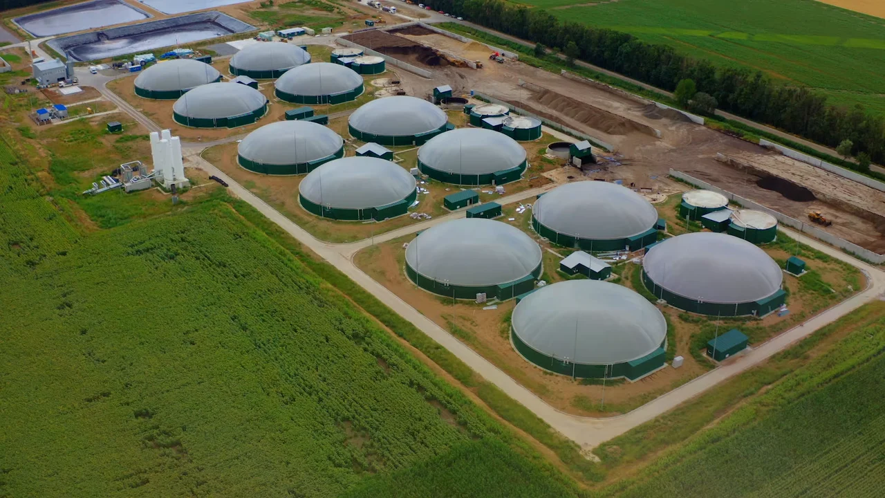 Aerial view of a biogas plant with digesters