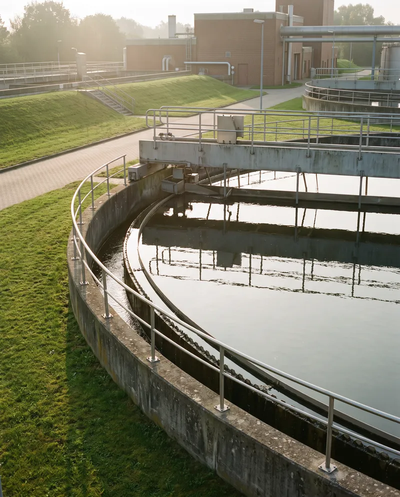Round clarifier of a wastewater treatment plant with scraper bridge