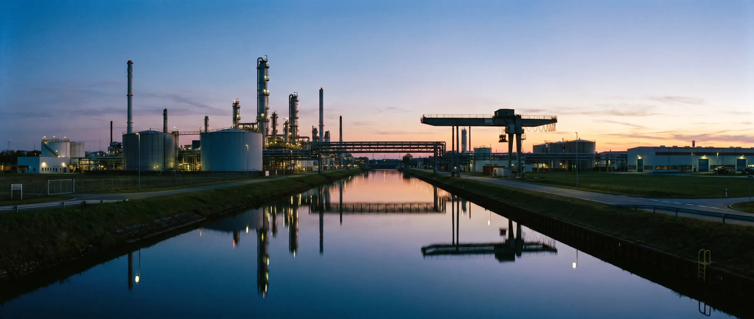 Chemical park at dusk, reflected in a canal