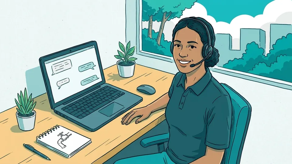 Drawing: sales colleague with a headset at her desk talking to a customer