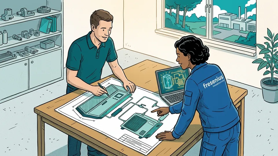 Drawing: two engineers discuss the drawing of a gas analysis system