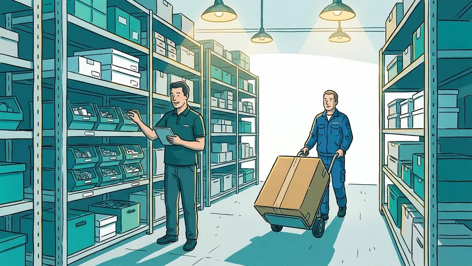 Drawing: stock room with shelves, a colleague checks parts on a tablet while another brings in a parcel