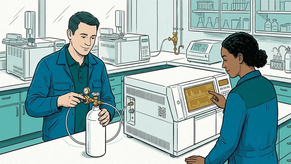 Drawing: calibration in the lab with a test gas cylinder on a gas analysis instrument