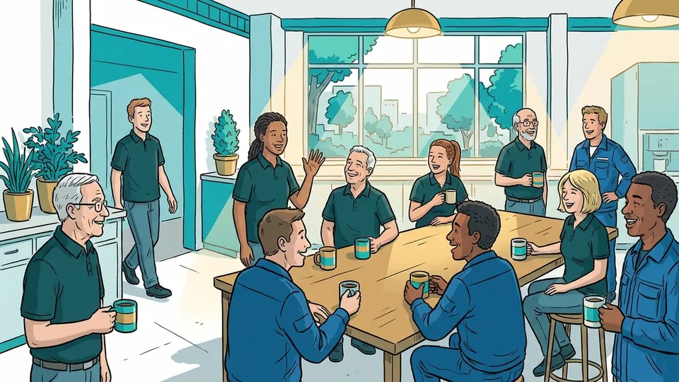 Drawing: coffee break in the kitchen, colleagues laugh and wave a new colleague over