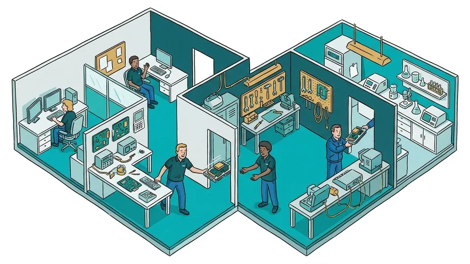 Drawing: view into one building with office, development, workshop and lab side by side
