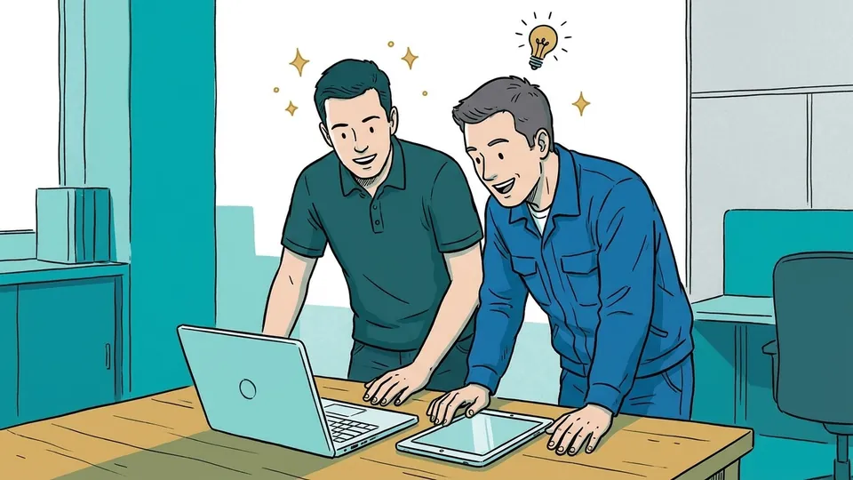 Drawing: two colleagues try out a new digital tool on a laptop together