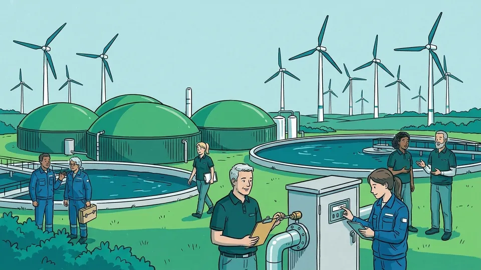Drawing: biogas plant, wastewater treatment plant and wind turbines with a small measuring cabinet in front