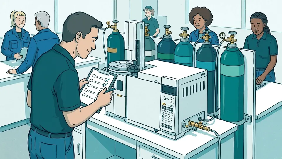 Drawing: technician tests a gas analysis instrument on the test bench and ticks off a checklist