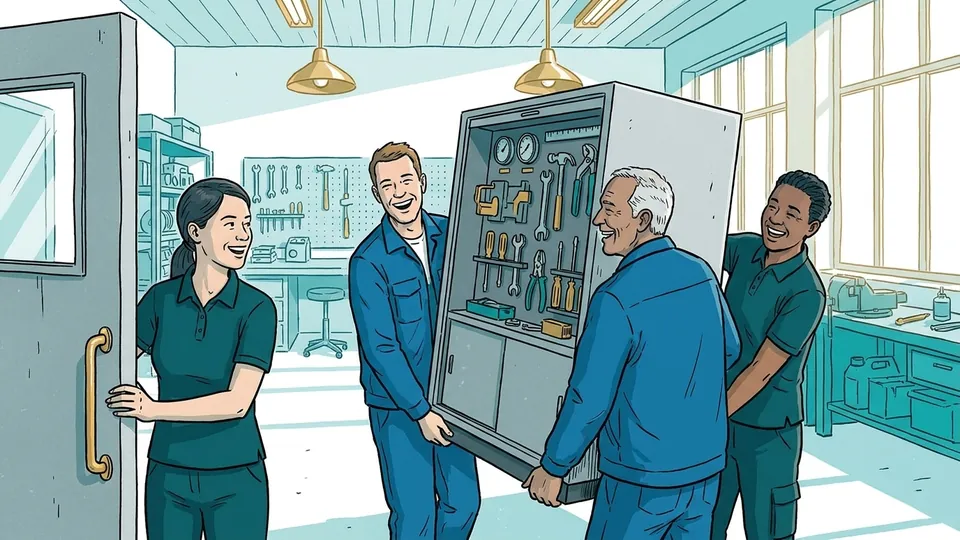 Drawing: three colleagues carry an instrument cabinet through the workshop together while a colleague holds the door