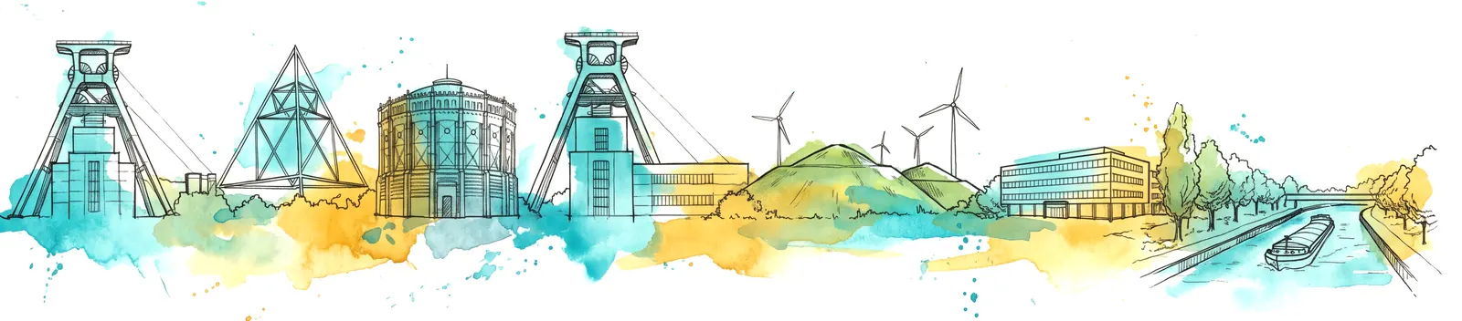 Drawn skyline of the Ruhr area with headframe, Tetraeder, gasometer and canal