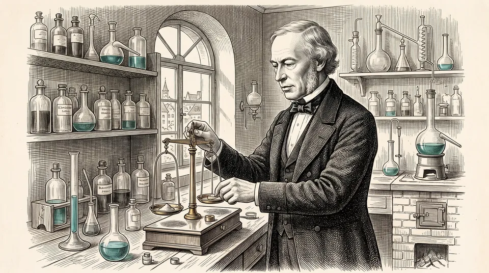Copperplate-style illustration: Carl Remigius Fresenius at the balance in his laboratory