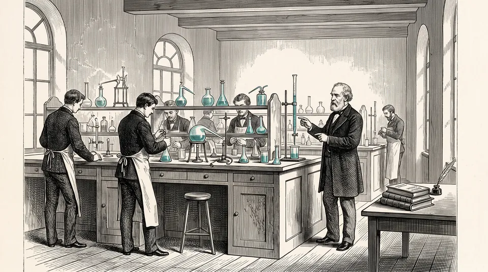 Copperplate-style illustration: students in an 1860s teaching laboratory