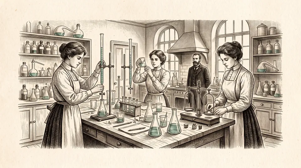 Copperplate-style illustration: young women carrying out analyses in a laboratory around 1908