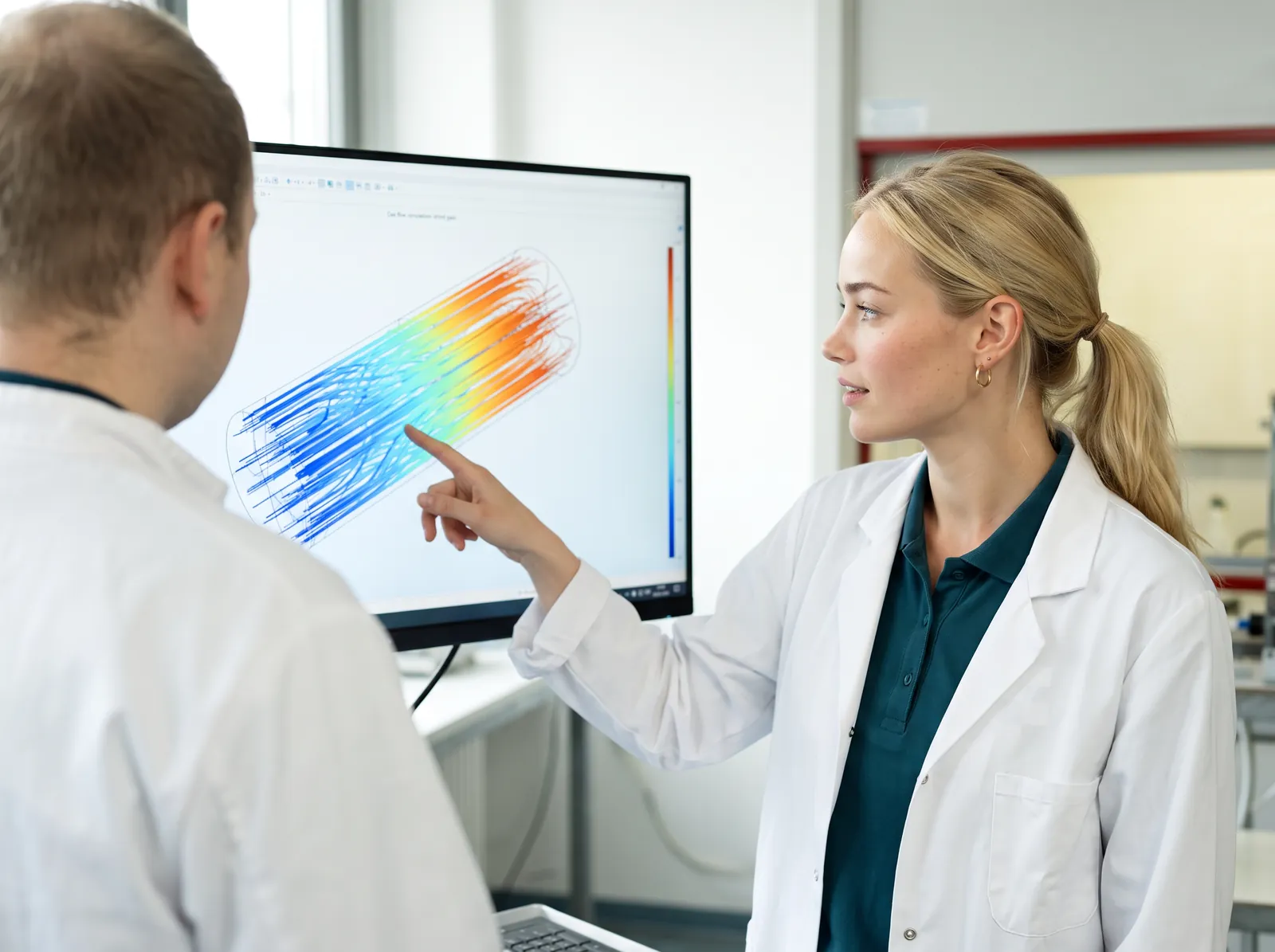 Tory shows an engineer a flow simulation in a measuring cell