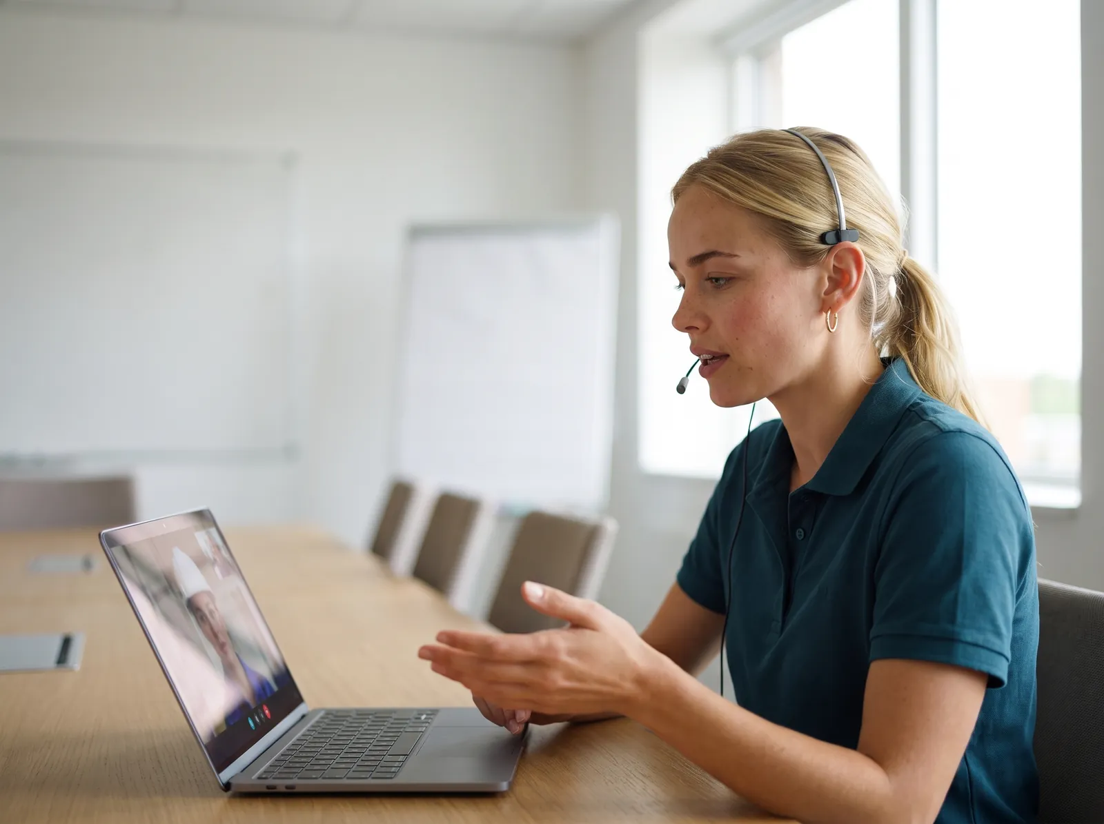 Tory with a headset in a video call with a customer