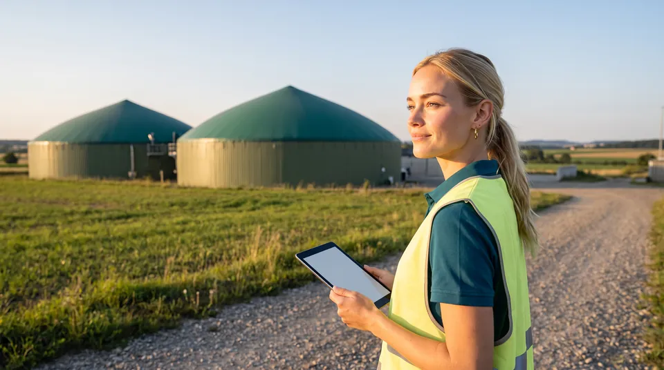 Tory at a biogas plant in the evening light