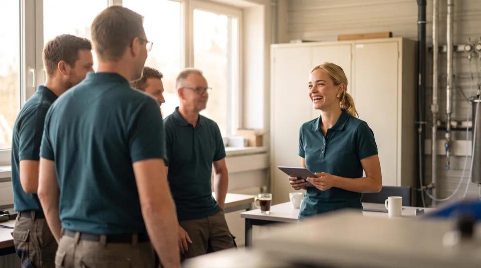 Tory with colleagues in a short team meeting in the workshop