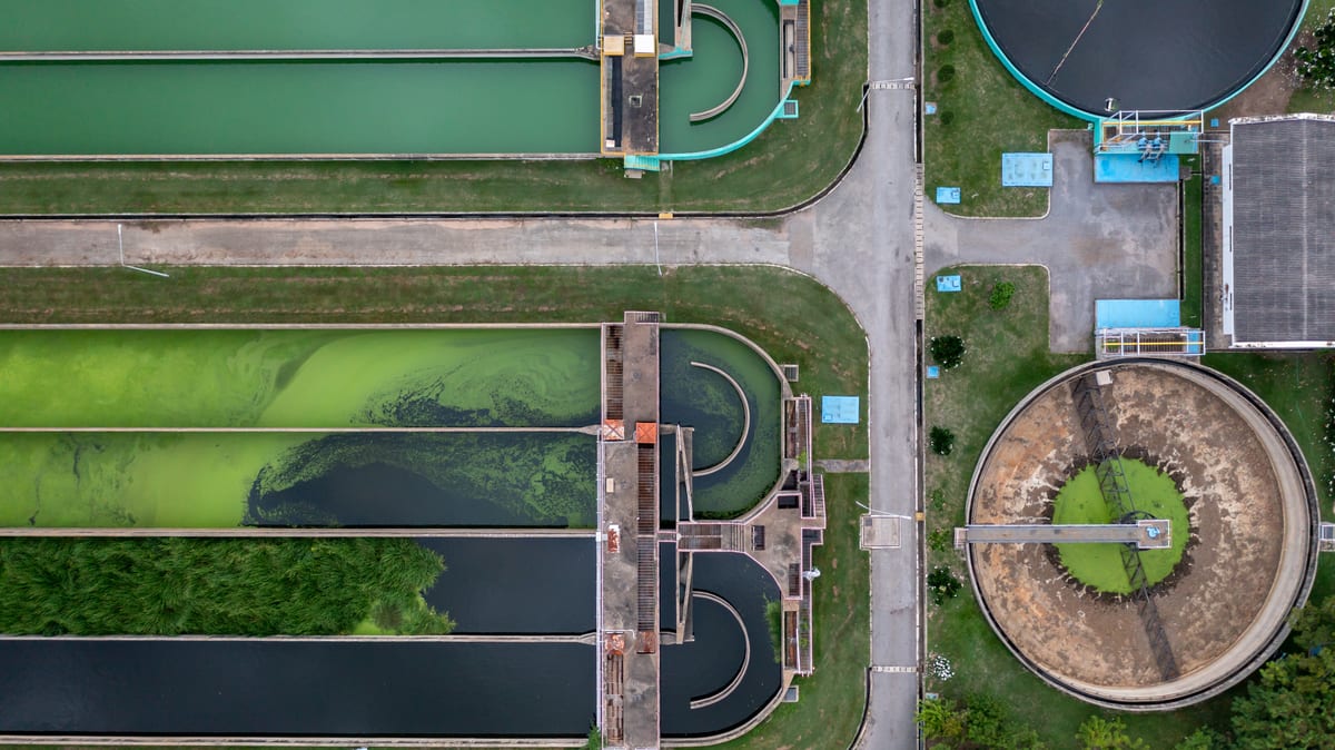 Aerial view of a modern sewage treatment plant — digester gas monitoring by Fresenius