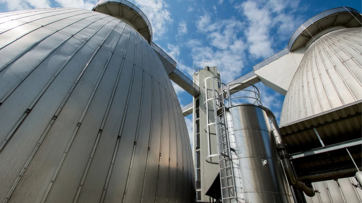 Factory building with large, shiny silo tanks and a ladder under a cloudy sky.