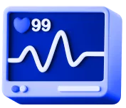Herzfrequenzmonitor mit Anzeige von Herzfrequenz 99 und einem EKG-Liniendiagramm auf blauem Hintergrund.