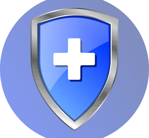 Blauer Schild mit silbernem Rand und weißem Kreuz in der Mitte.