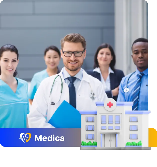 Arzt in weißem Kittel mit Stethoskop und Dokumenten, umgeben von vier weiteren medizinischen Fachkräften.