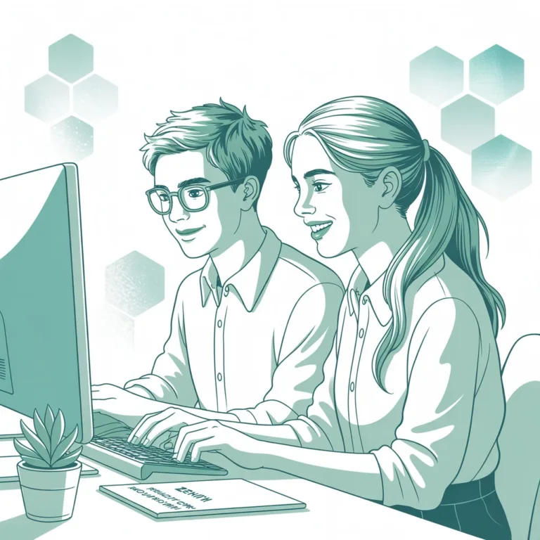 Zwei Personen sitzen an einem Computer und arbeiten gemeinsam, Notizblock auf dem Tisch sichtbar.