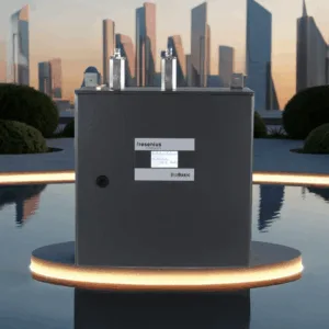 Grauer medizinischer Sicherheitsbehälter mit digitalen Anzeigen und Armaturen, umgeben von einem modernen Stadtansicht im Hintergrund.
