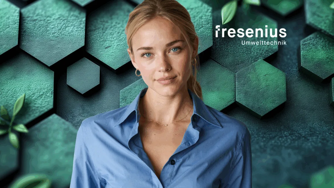 Blonde woman in a blue blouse in front of a green, geometric background with the text "fresenius Umwelttechnik".