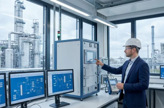 Ingenieur überwacht NDIR-Gasanalysator zur Phosphin-Messung in Industrieanlage mit Live-Daten auf Monitoren
