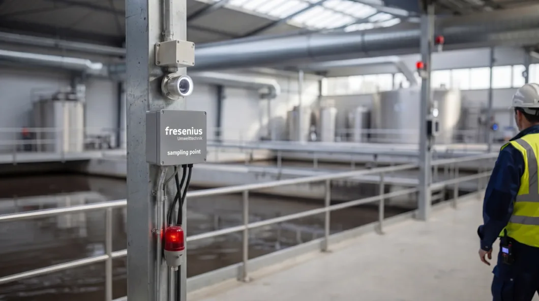 Probenahmesonde von Fresenius Umwelttechnik mit Signalleuchte an Industrieanlage montiert