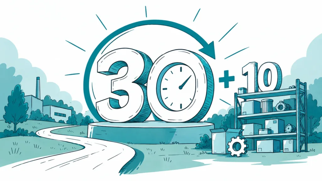 Illustrierte Zahl 30 mit Uhr und Ersatzteilregal mit Zahl 10 – über 30 Jahre Gerätelebensdauer und über 10 Jahre Ersatzteilversorgung