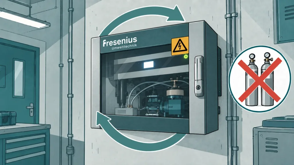 Wandmontierter Gasanalysator von Fresenius Umwelttechnik mit Kreislaufpfeilen und durchgestrichenen Prüfgasflaschen – die automatische Nullpunktkorrektur arbeitet ohne Prüfgas